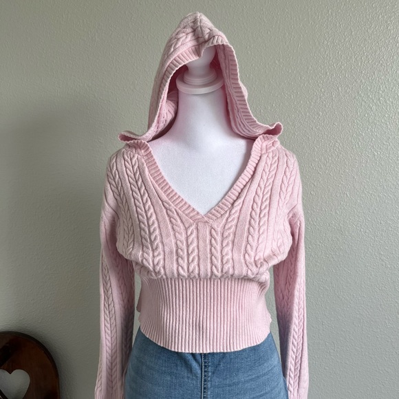 Stella Tweed Pink V-Neck Cable Knit Sweater - Picture 1 of 3